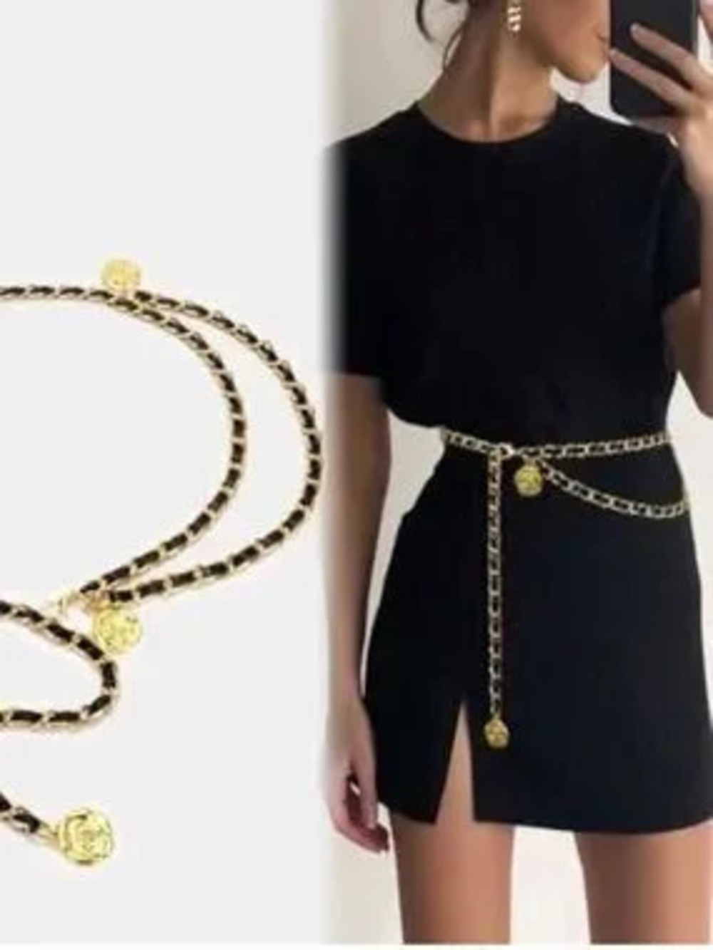 Gold and Black Chain Waist Belt with Rose Medallions